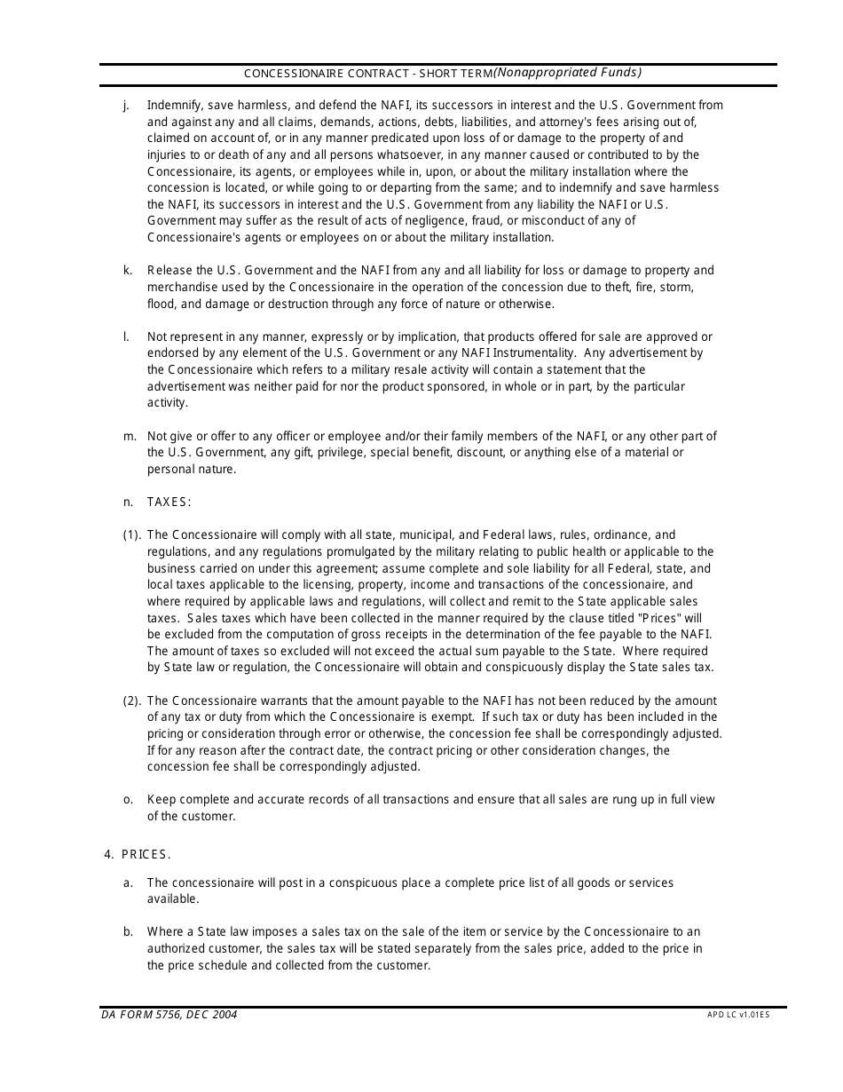 DA Form 5756 Concessionaire Contract-Short Term (Nonappropriated Funds), Page 2