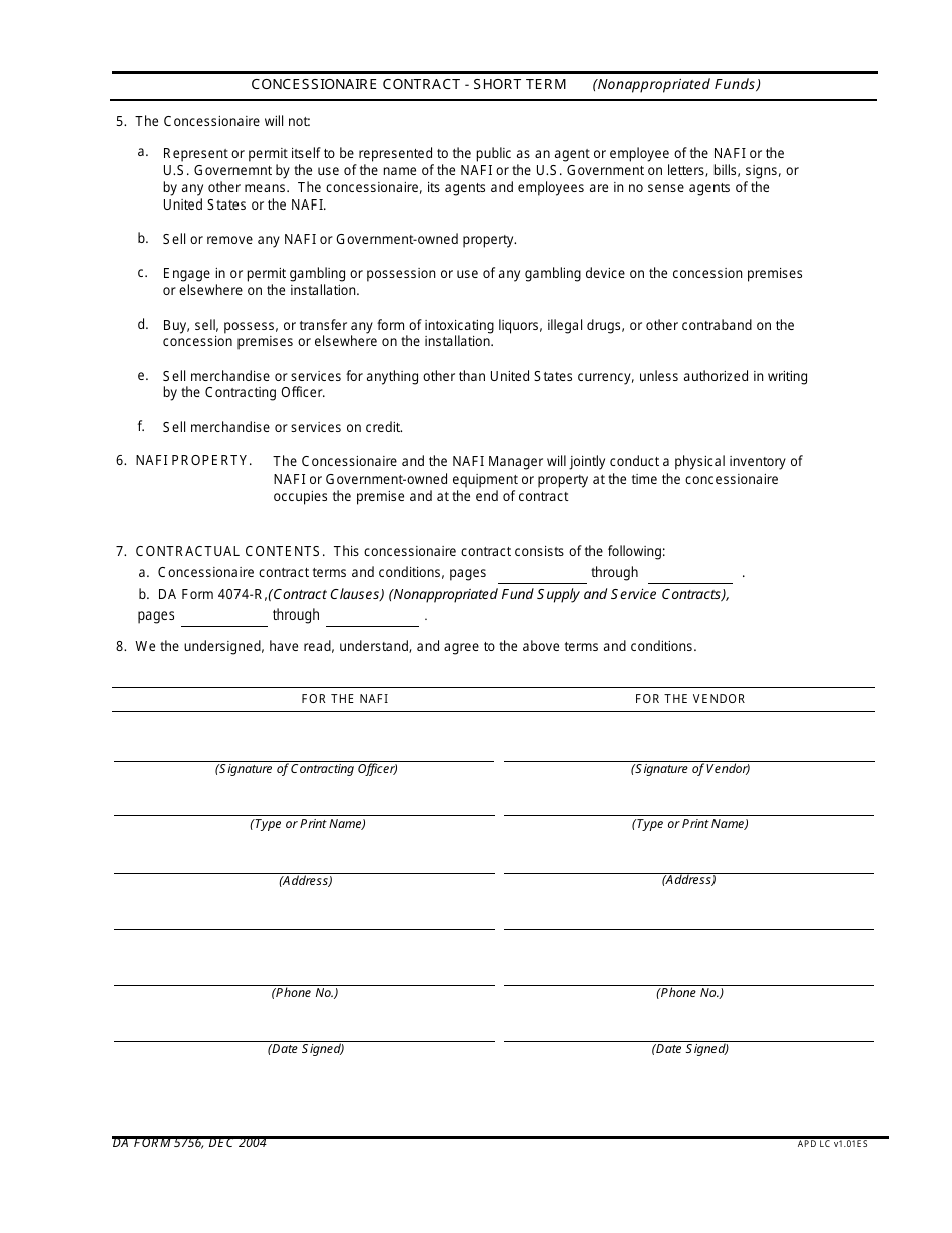 DA Form 5756 Concessionaire Contract-Short Term (Nonappropriated Funds), Page 3