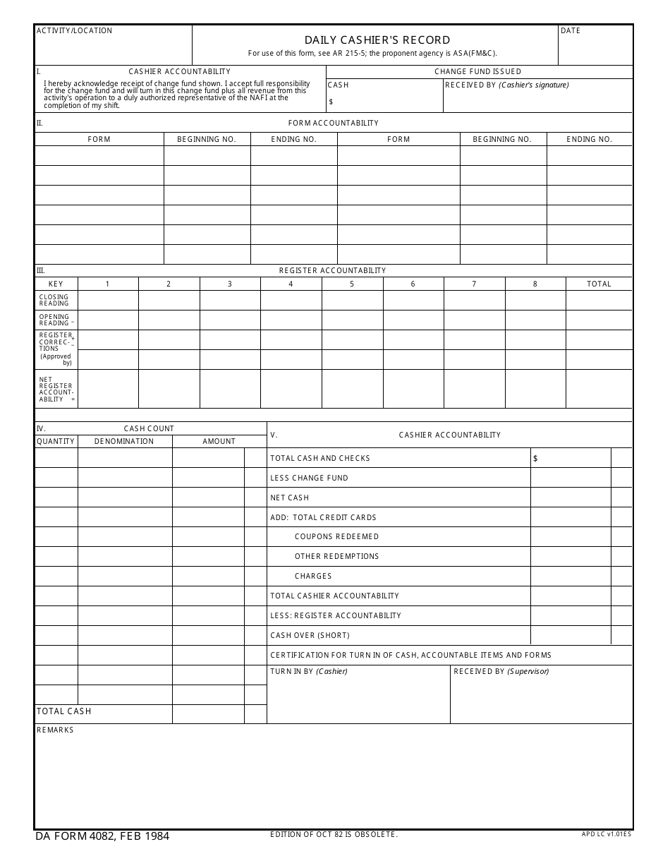 DA Form 4082 Daily Cashiers Record, Page 1