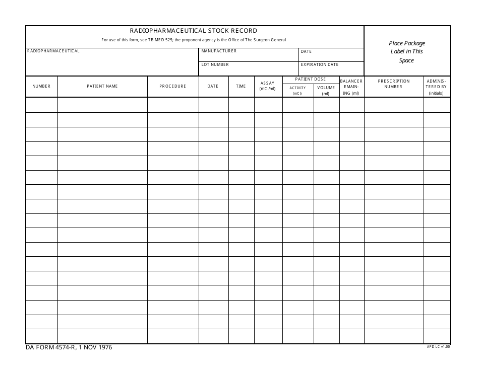 DA Form 4574-r Radiopharmaceutical Record, Page 1