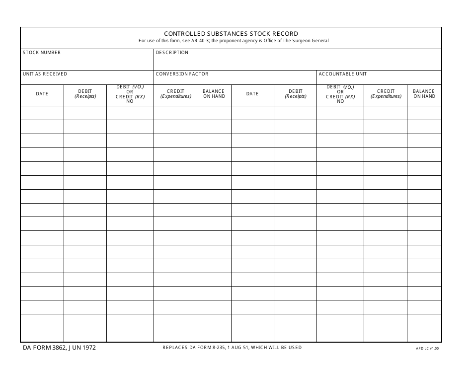 DA Form 3862 Controlled Substances Stock Record, Page 1