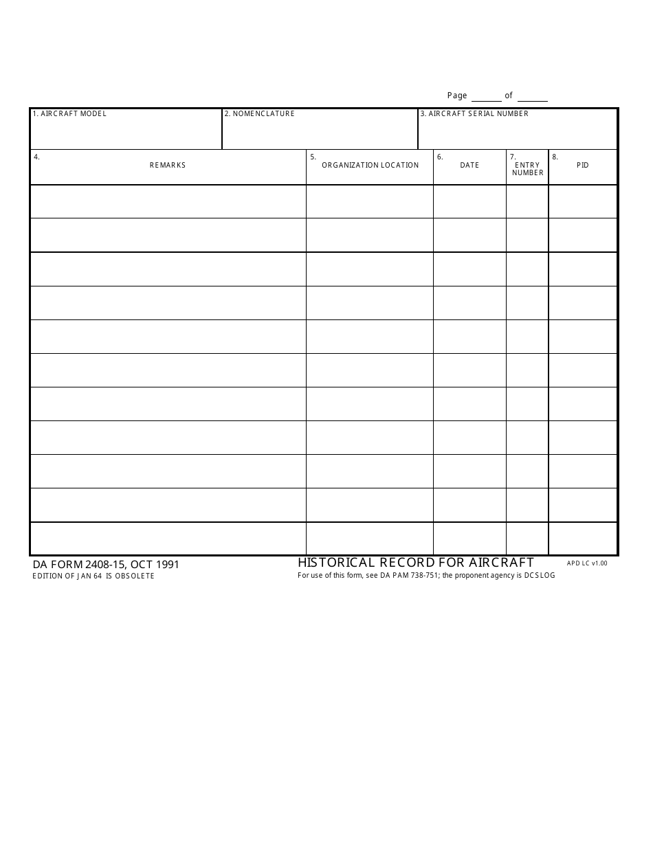 DA Form 2408-15 Historical Record for Aircraft, Page 1