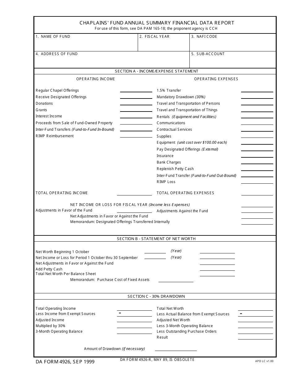 DA Form 4926 Chaplains Fund Annual Summary Financial Data Report, Page 1