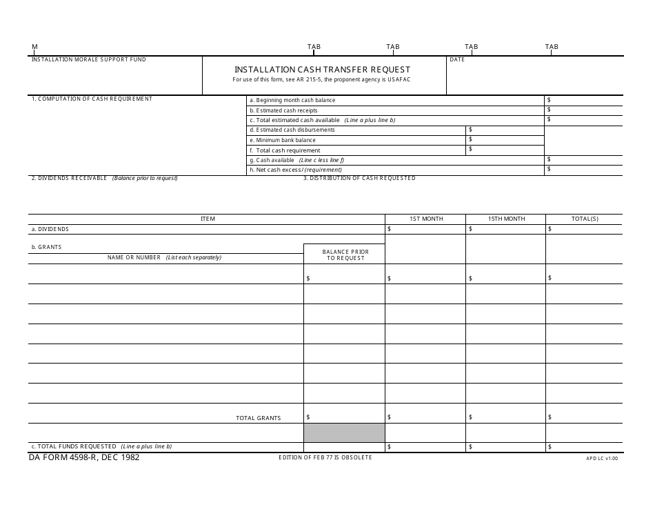 DA Form 4598-r Installation Cash Transfer Request, Page 1