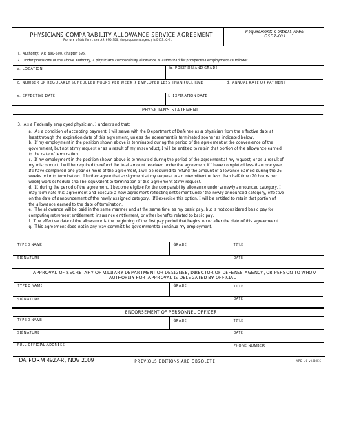 DA Form 4927-r Physicians Comparability Allowance Service Agreement