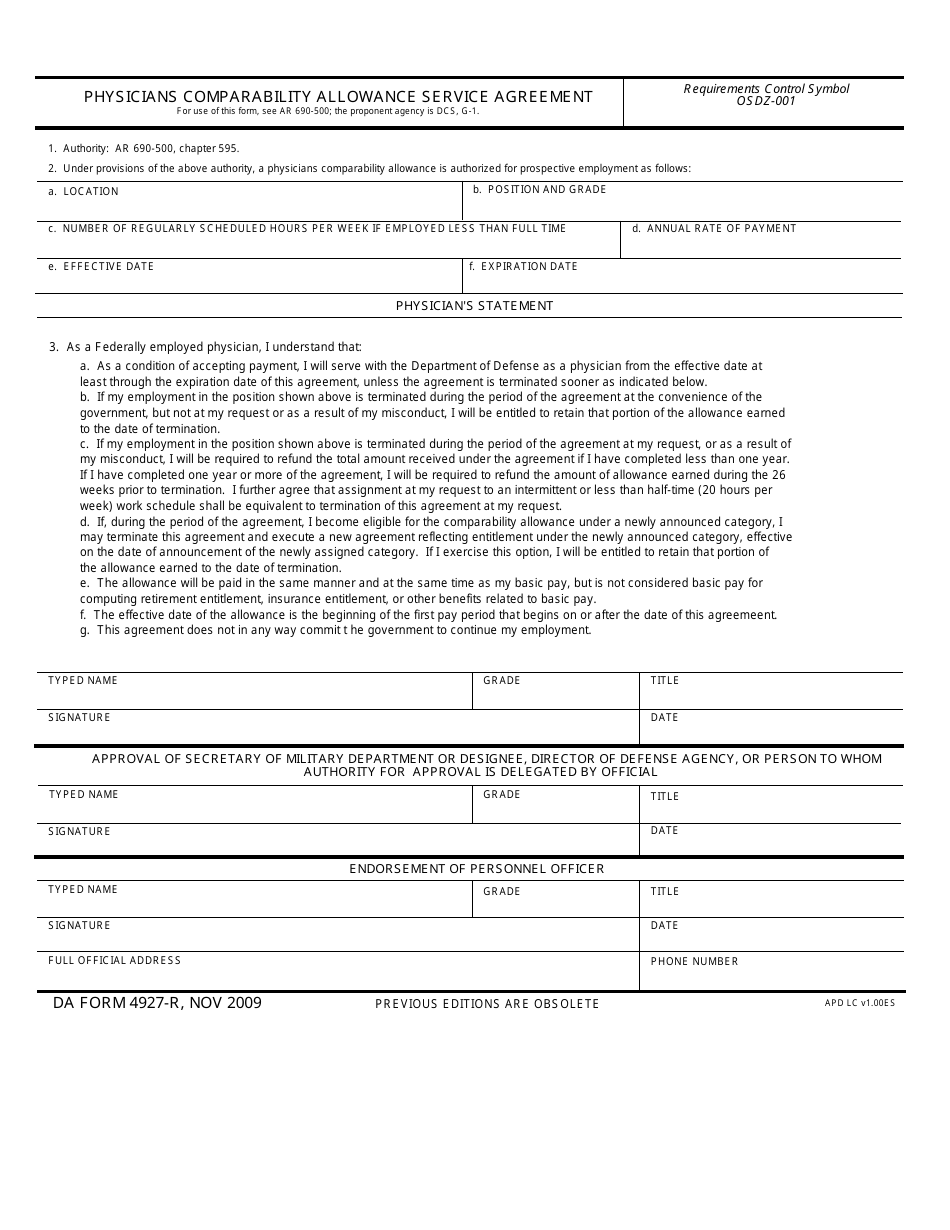 DA Form 4927-r Physicians Comparability Allowance Service Agreement, Page 1