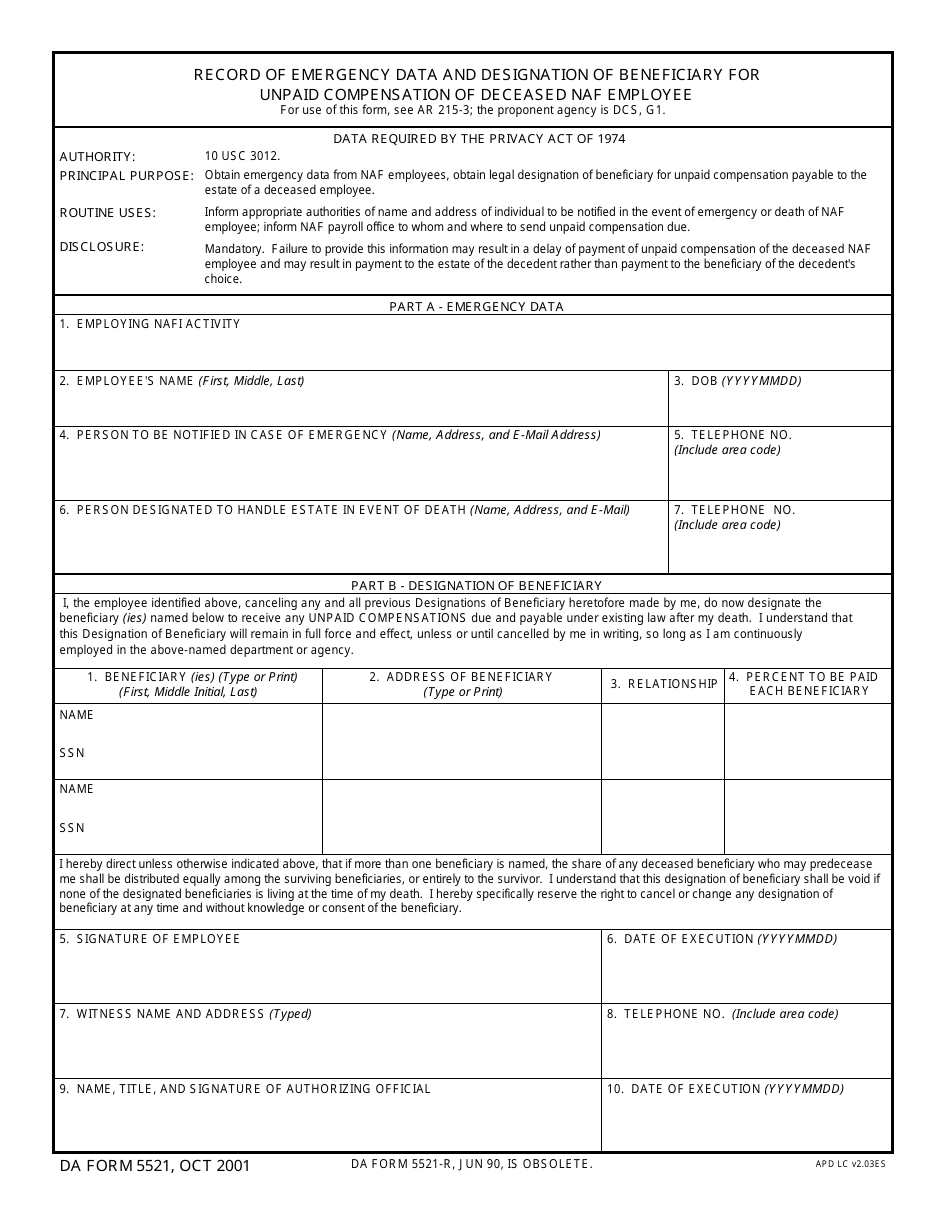 DA Form 5521 Record of Emergency Data and Designation of Beneficiary for Unpaid Compensation of Deceased NAF Employee, Page 1