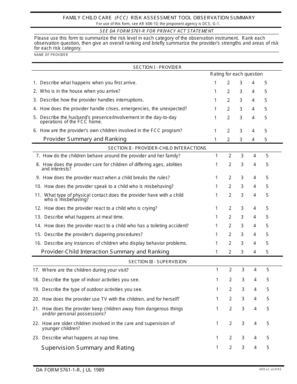 DA Form 5761-1-r Family Child Care Risk Assessment Tool Observation Summary, Page 1