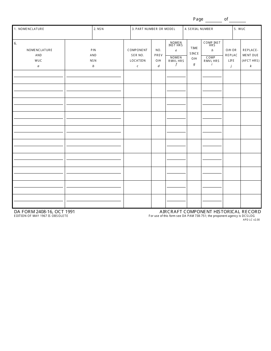 DA Form 2408-16 Aircraft Component Historical Record, Page 1