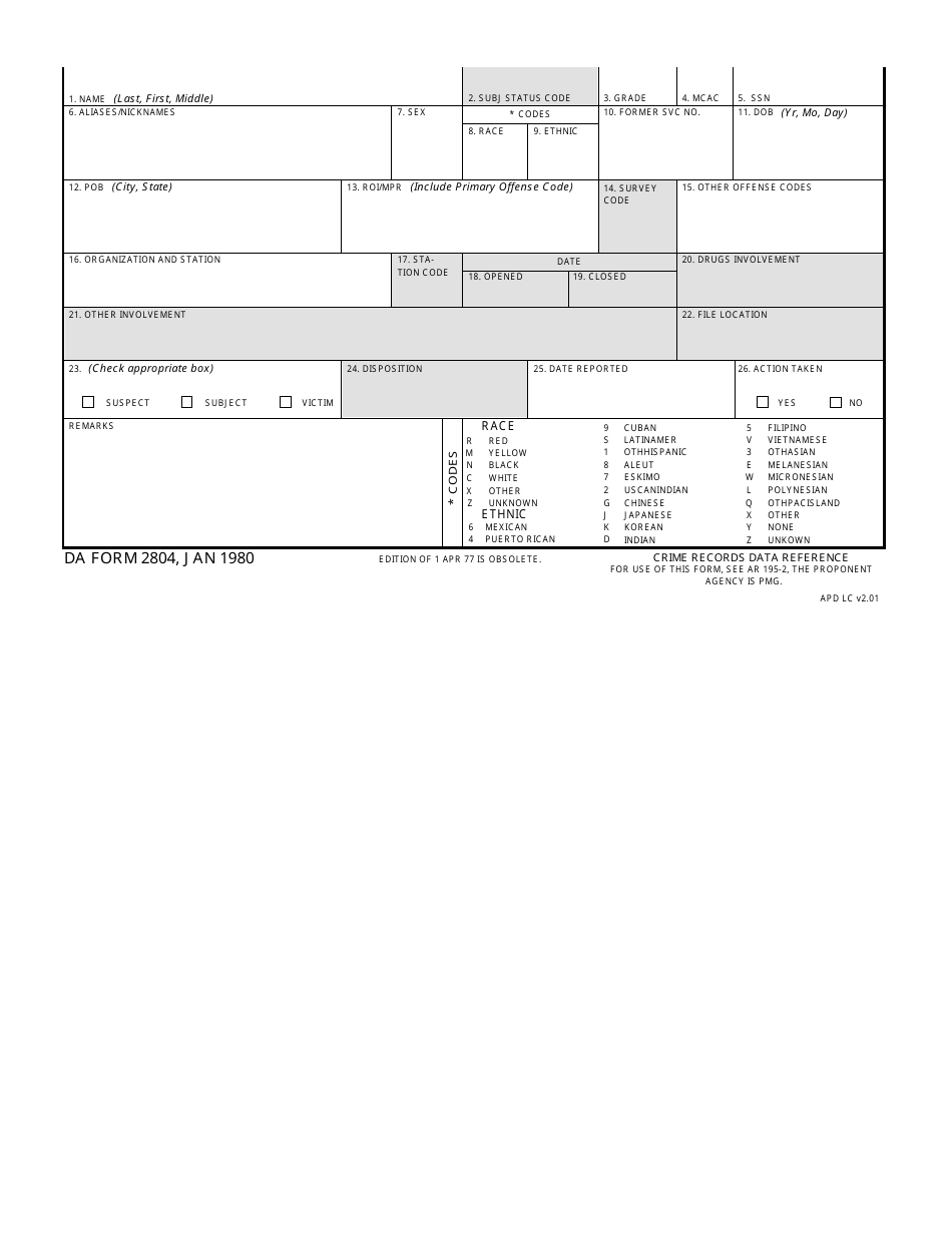 DA Form 2804 Crime Records Data Reference, Page 1