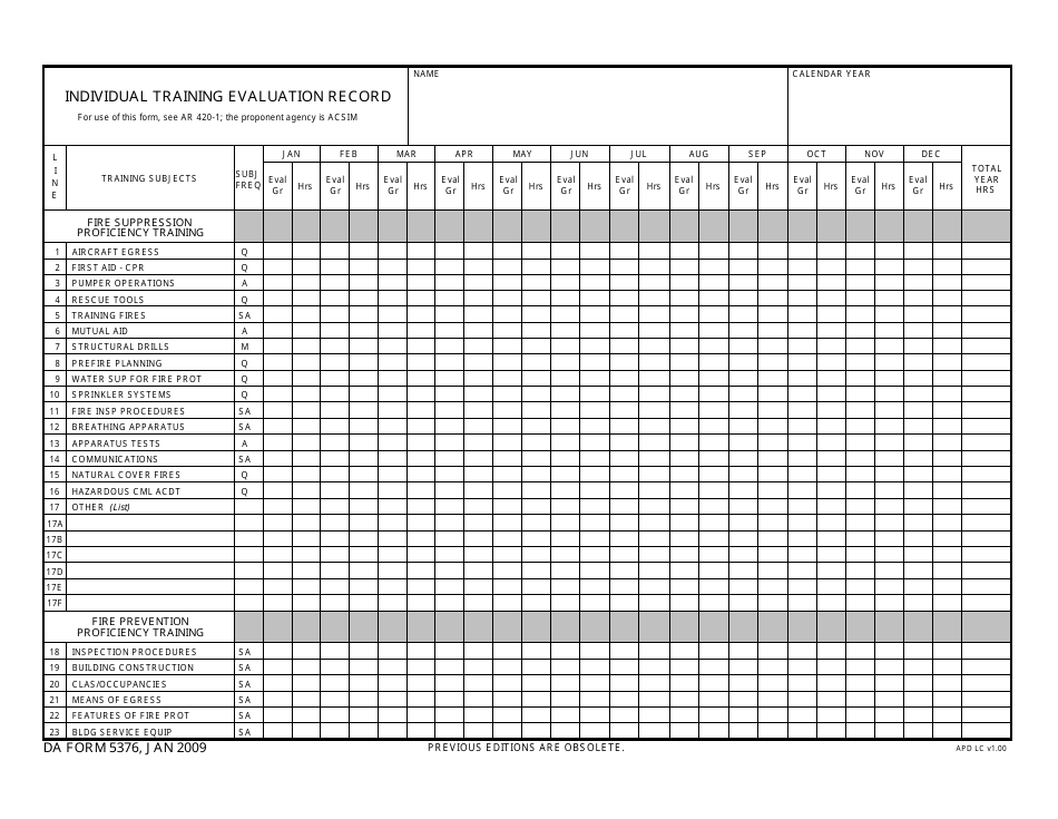 DA Form 5376 Individual Training Evaluation Record, Page 1