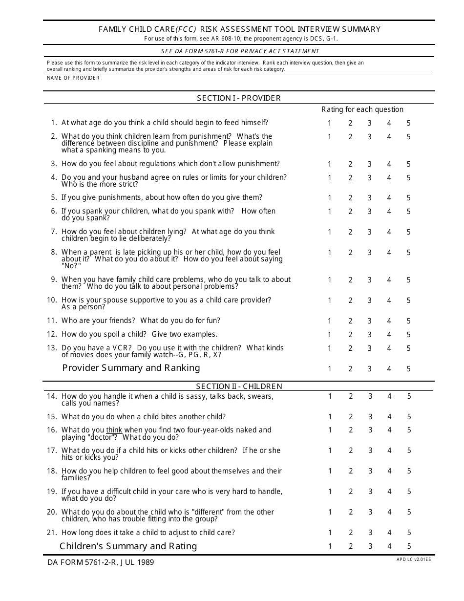DA Form 5761-2-r Family Child Care (FCC) Risk Assessment Tool Interview Summary, Page 1