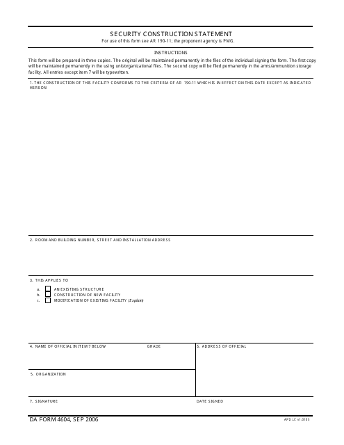 DA Form 4604 Security Construction Statement