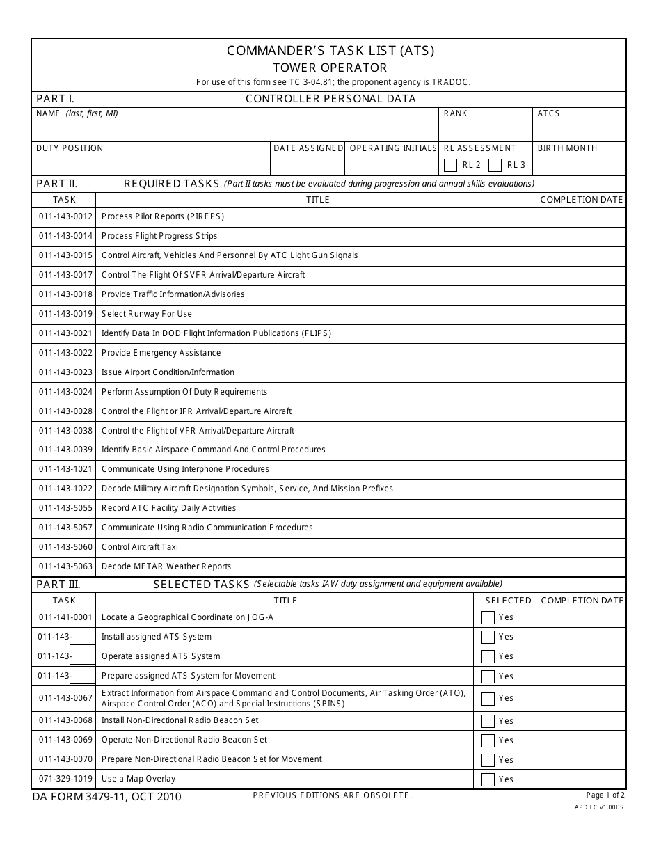 DA Form 3479-11 Commanders Task List (Ats) Tower Operator, Page 1