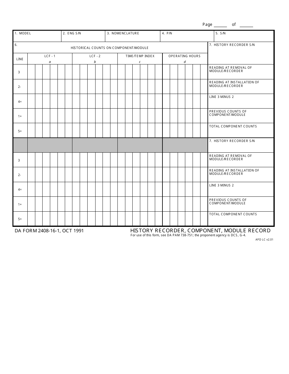 DA Form 2408-16-1 History Recorder, Component, Module Record, Page 1