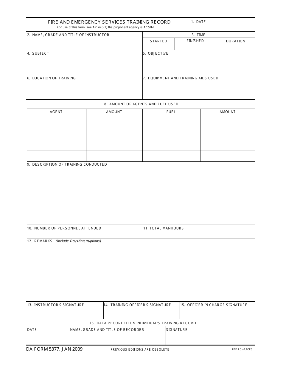 DA Form 5377 Fire and Emergency Services Training Record, Page 1