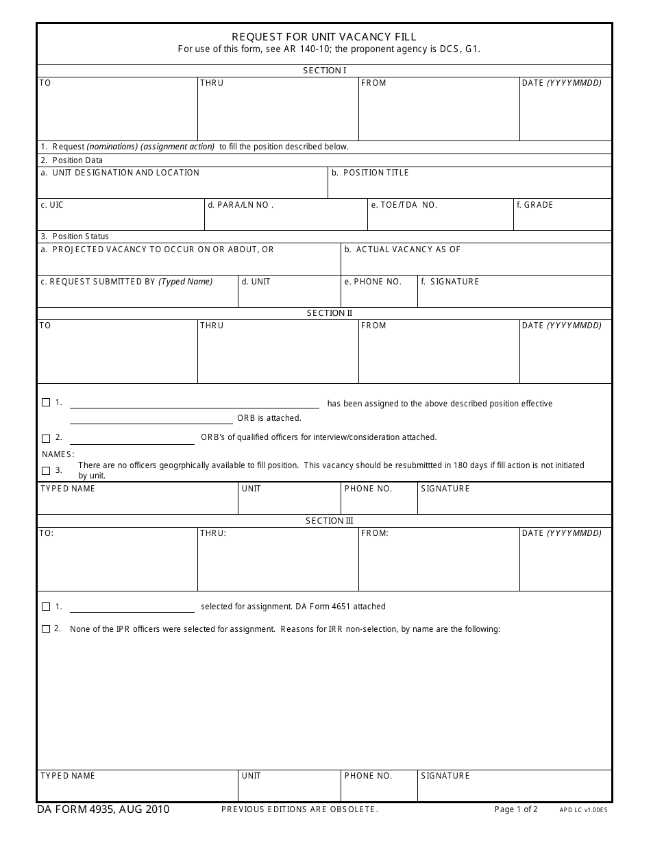 DA Form 4935 Request for Unit Vacancy Fill, Page 1