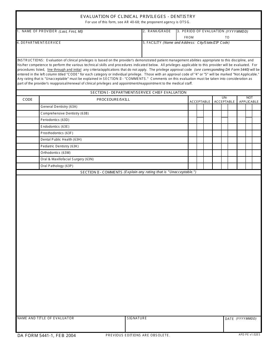 DA Form 5441-1 Evaluation of Clinical Privileges - Dentistry, Page 1