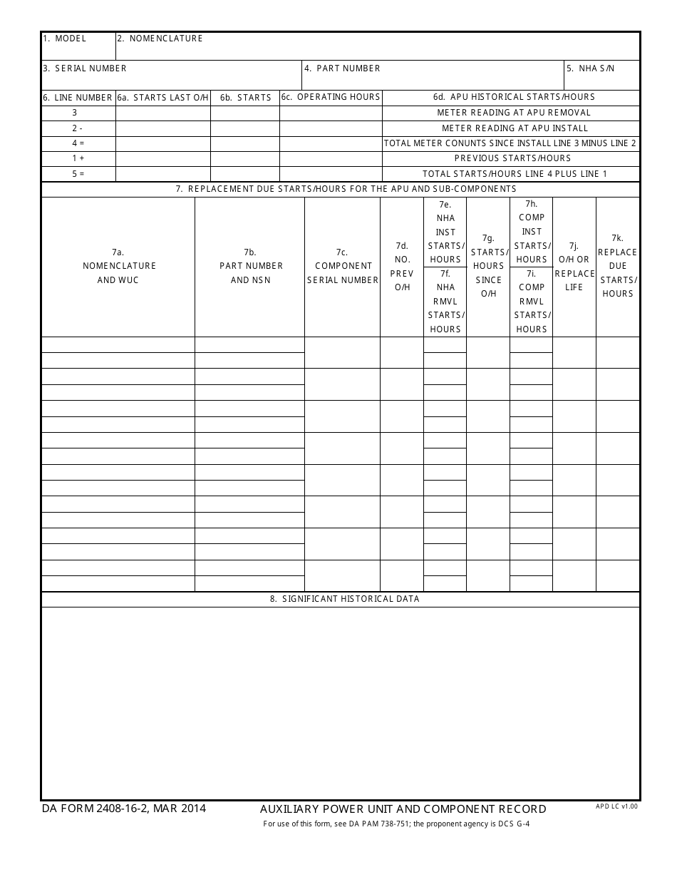 DA Form 2408-16-2 Auxiliary Power Unit and Component Record, Page 1