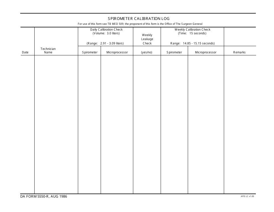 DA Form 5550-r Spirometer Calibration Log, Page 1