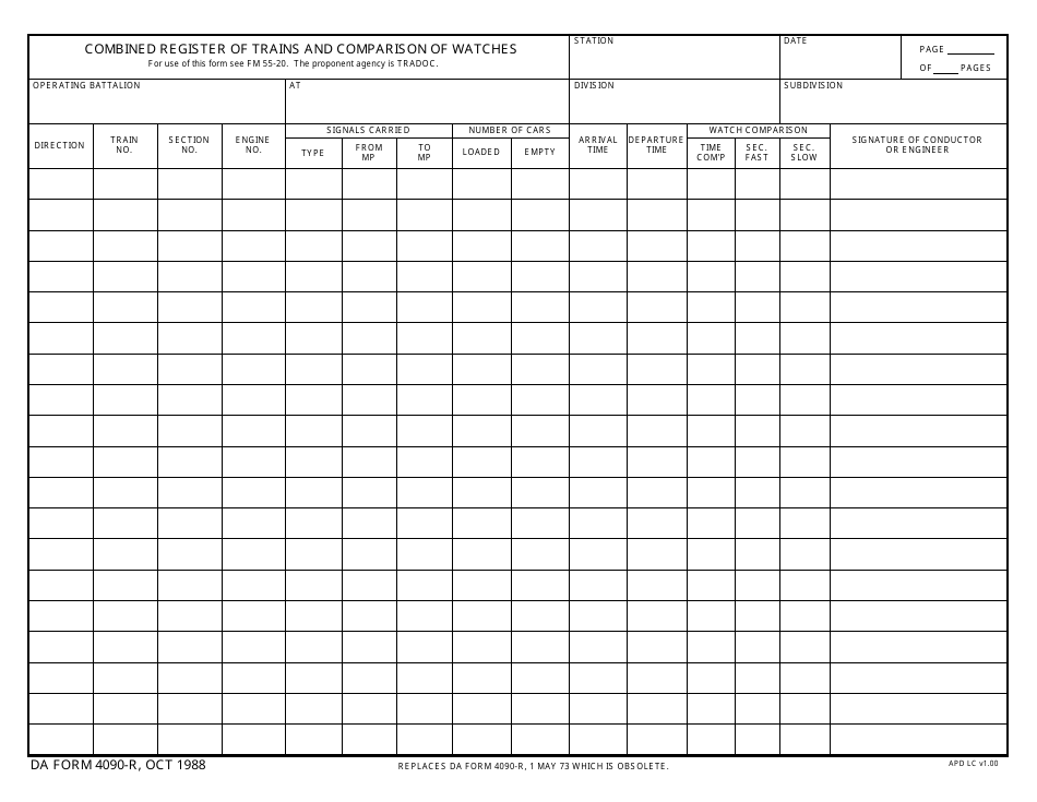 DA Form 4090-r Combined Register of Trains and Comparisons of Watches, Page 1