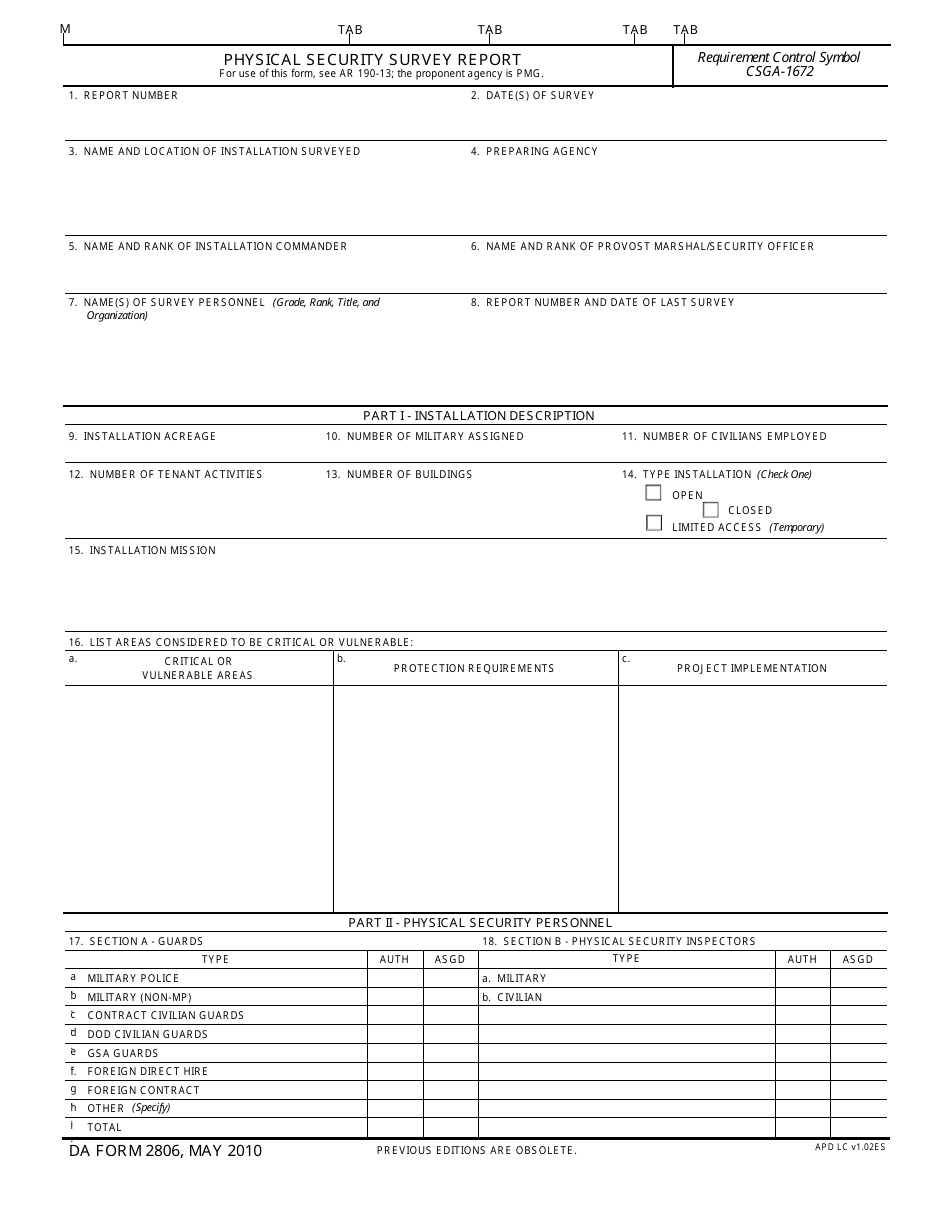 DA Form 2806 Physical Security Survey Report, Page 1