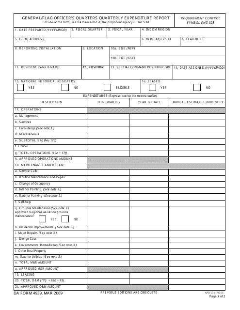 DA Form 4939  Printable Pdf