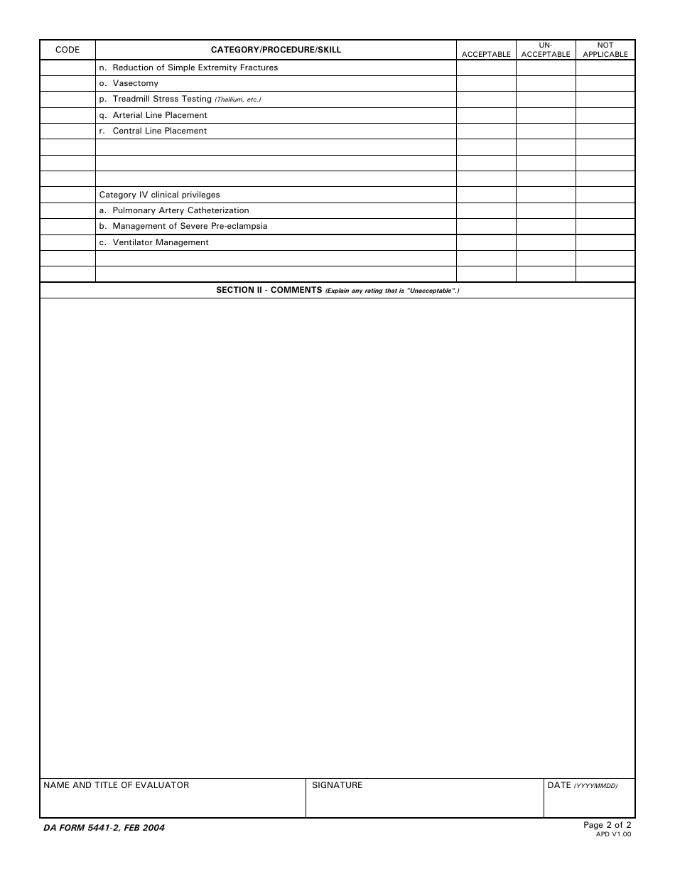 DA Form 5441-2 Evaluation of Clinical Privileges - Family Practice, Page 2