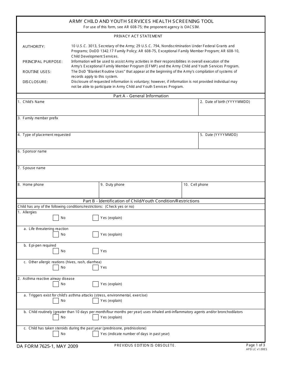 DA Form 7625-1 Army Child and Youth Services Health Screening Tool, Page 1