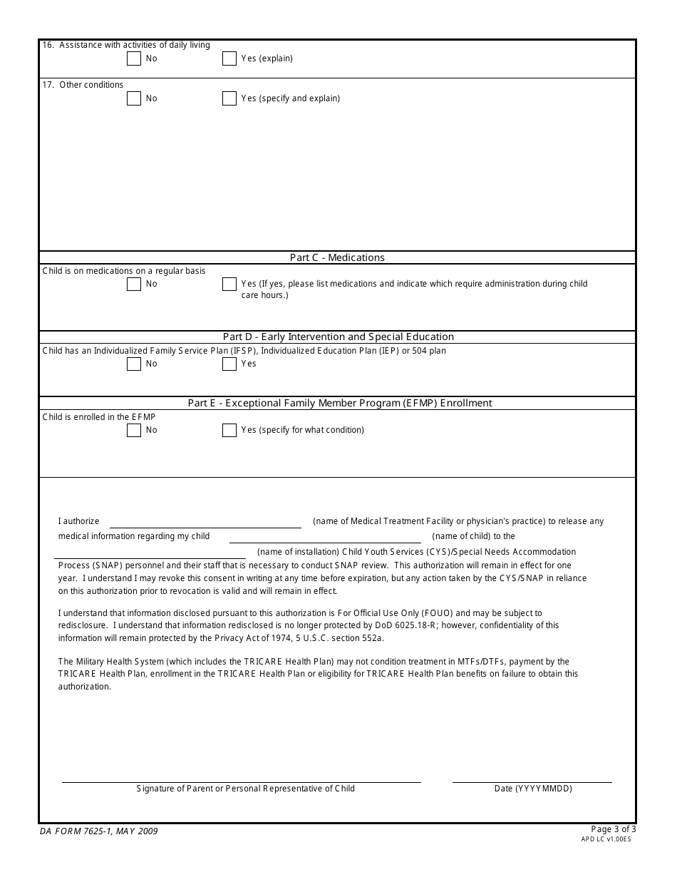 DA Form 7625-1 Army Child and Youth Services Health Screening Tool, Page 3