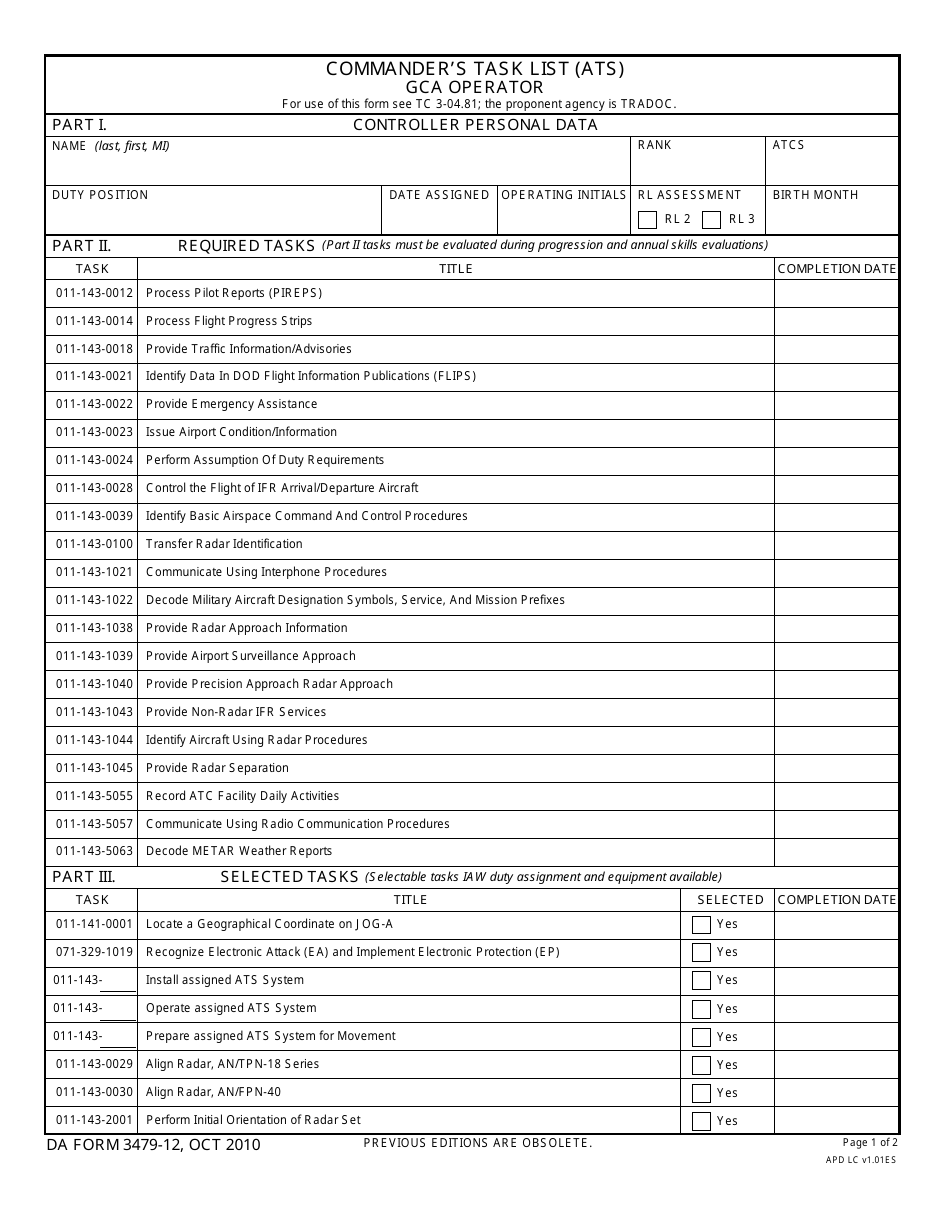 DA Form 3479-12 Commanders Task List (Ats) Gca Operator, Page 1