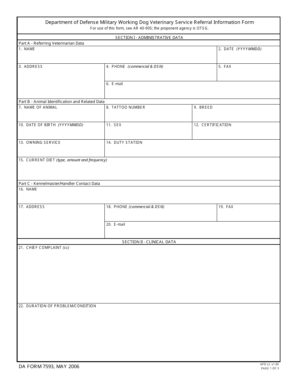 DA Form 7593 Department of the Defense Military Working Dog Veterinary Service Referral Information Form, Page 1