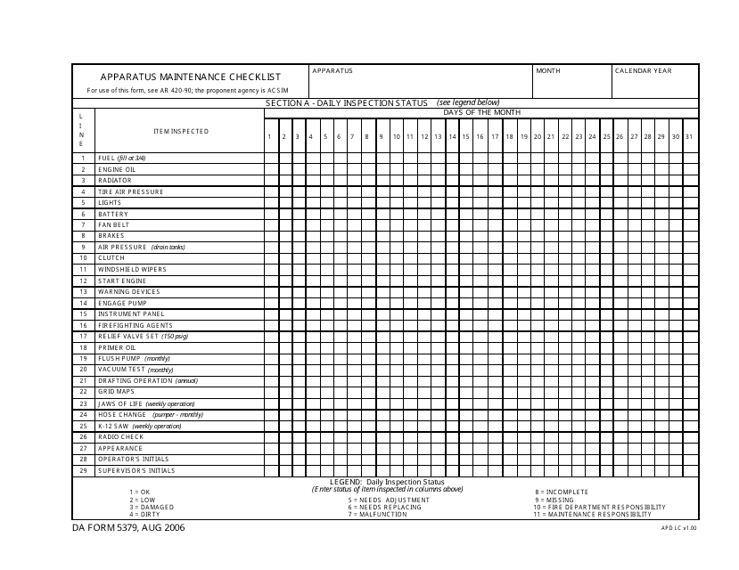 DA Form 5379 Apparatus Maintenance Checklist
