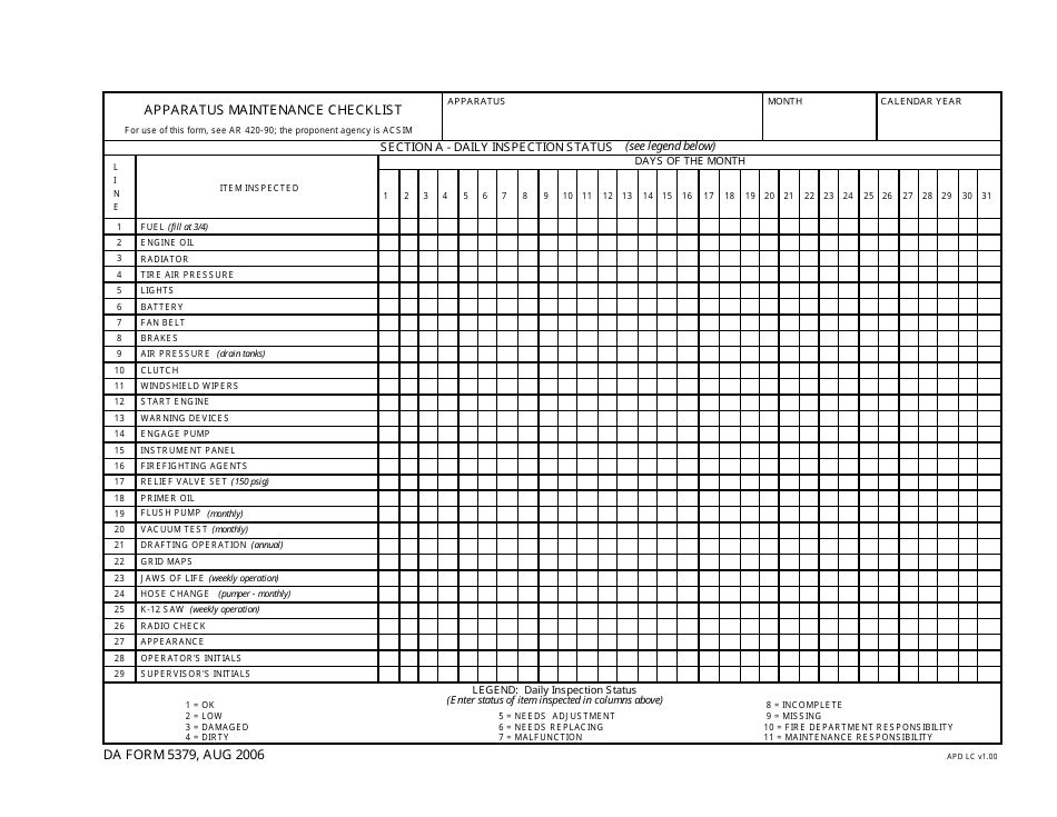 DA Form 5379 Apparatus Maintenance Checklist, Page 1