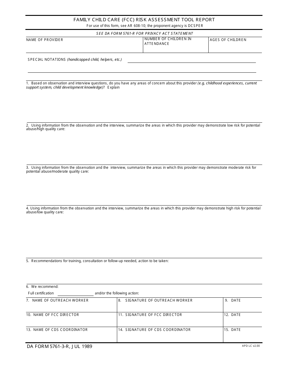 DA Form 5761-3-r Family Child Care (FCC) Risk Assessment Tool Report, Page 1