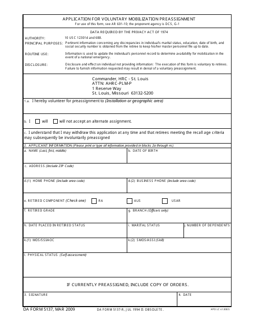 DA Form 5137  Printable Pdf