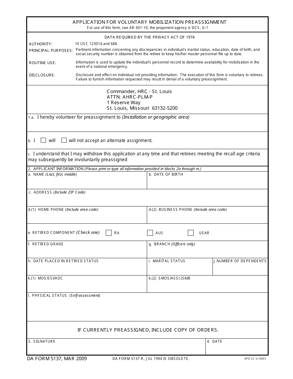 DA Form 5137 Application for Voluntary Mobilization Preassignment, Page 1