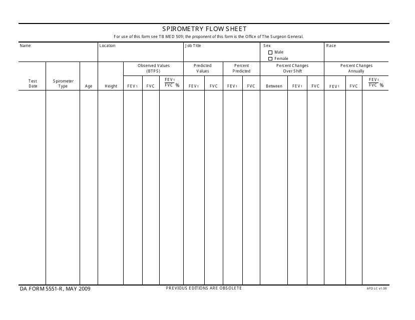 DA Form 5551-r Spirometry Flow Sheet