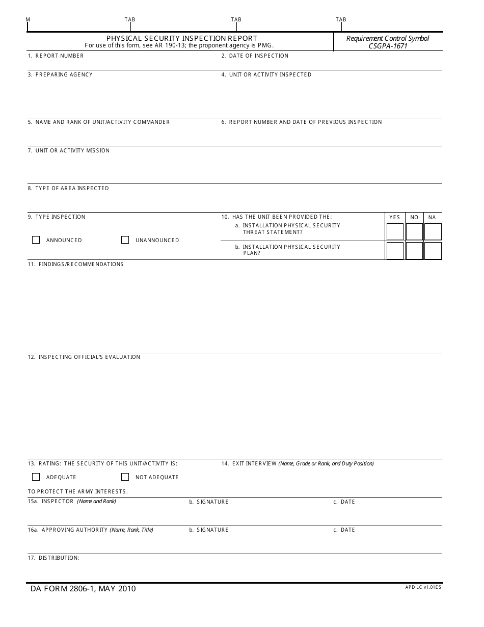 DA Form 2806-1 Physical Security Inspection Report, Page 1