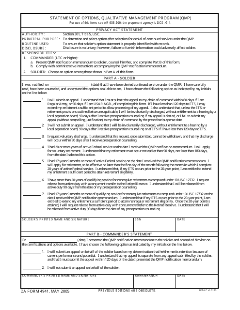 DA Form 4941 Statement of Options, Qualitative Management Program (Qmp)