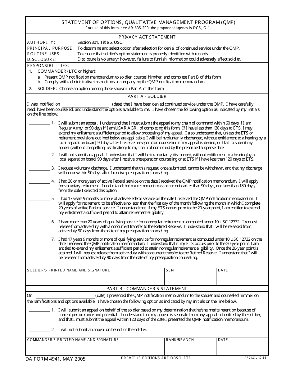 DA Form 4941 Statement of Options, Qualitative Management Program (Qmp), Page 1