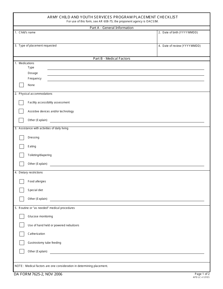 DA Form 7625-2 Army Child and Youth Services Program Placement Checklist, Page 1