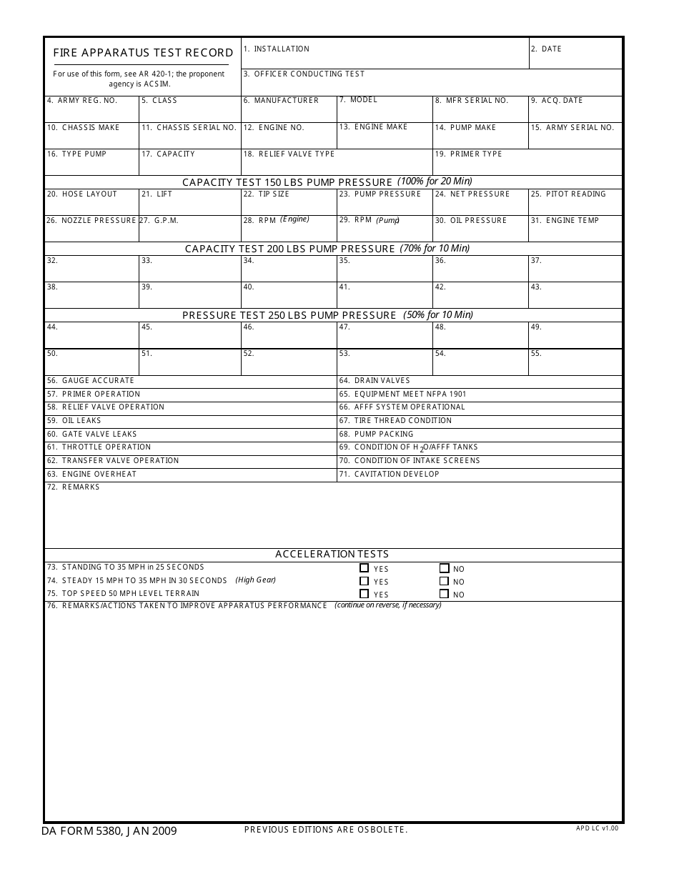 DA Form 5380 Fire Apparatus Test Record, Page 1