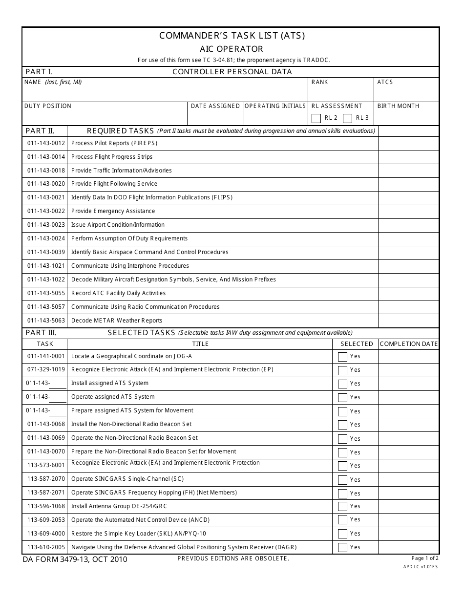 DA Form 3479-13 Commanders Task List (Ats) Aic Operator, Page 1