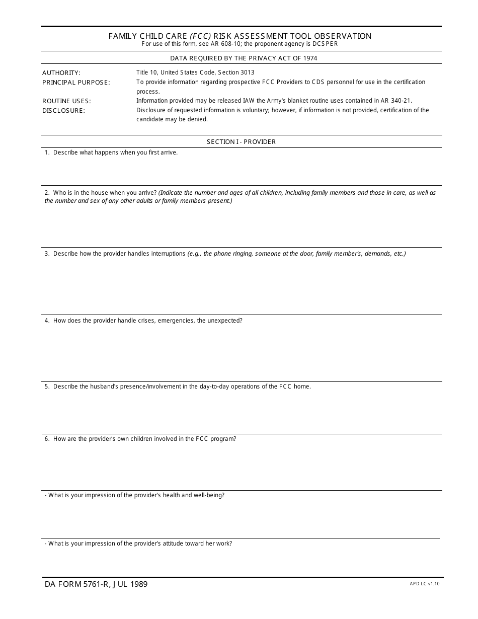 DA Form 5761-r Family Child Care (FCC) Risk Assessment Tool Observation, Page 1