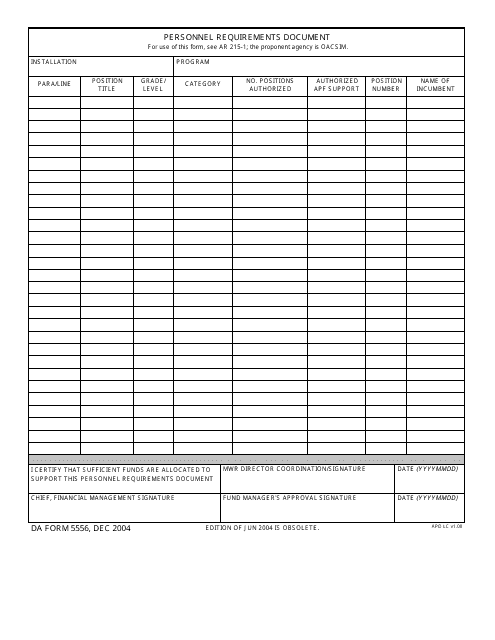 DA Form 5556 Personnel Requirements Document