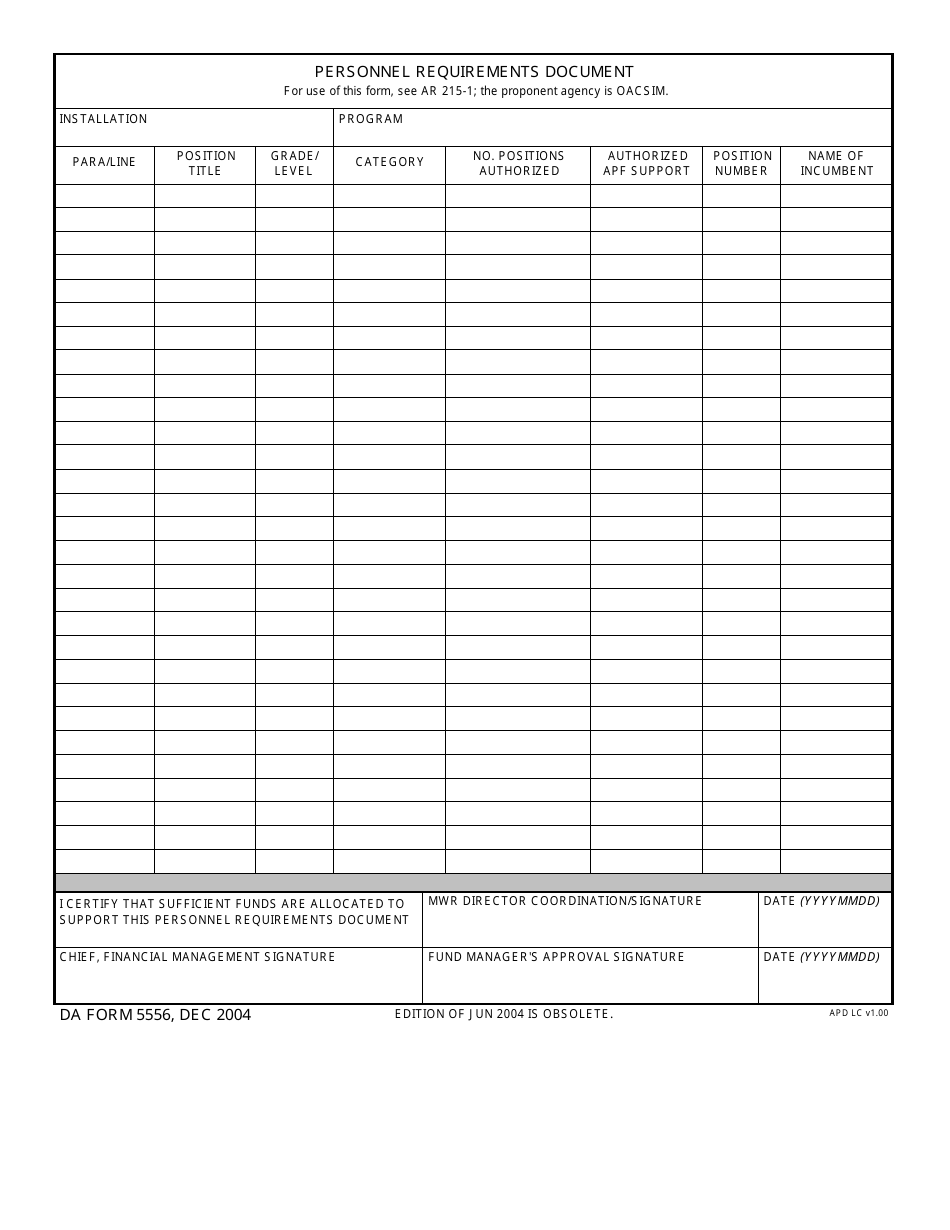 DA Form 5556 Personnel Requirements Document, Page 1