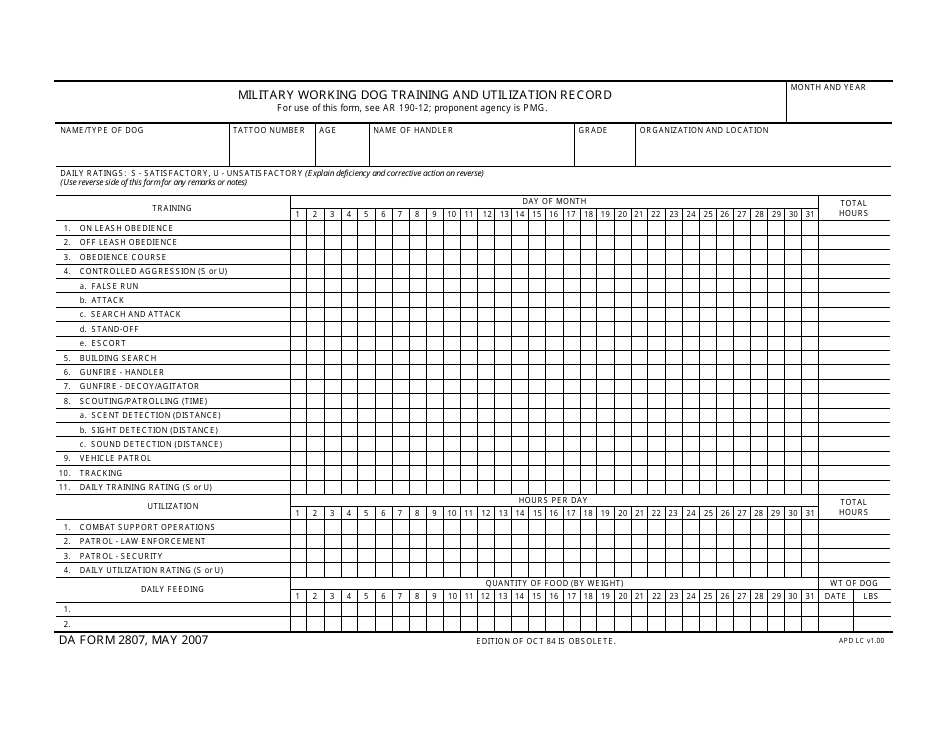DA Form 2807 Military Working Dog Training and Utilization Record, Page 1