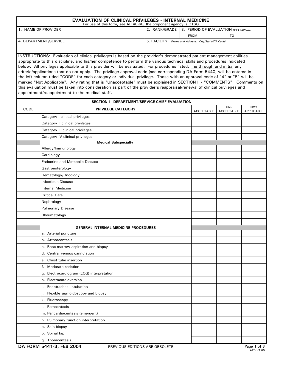 DA Form 5441-3 Evaluation of Clinical Privileges - Internal Medicine, Page 1