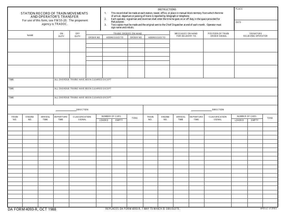 DA Form 4093-r Station Record of Train Movements and Operator's Transfer, Page 1